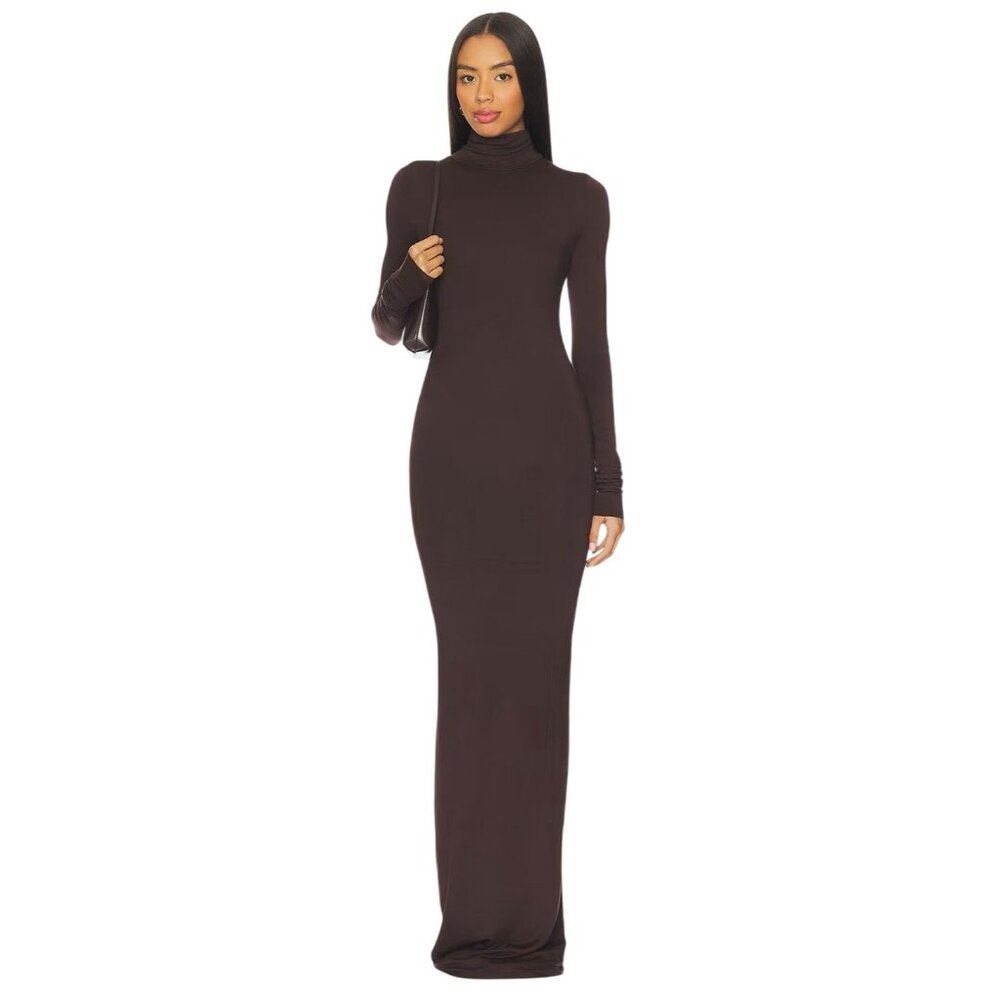 Eterne Long Sleeve Turtleneck Soft Jersey Maxi Dress in Espresso New XSmall